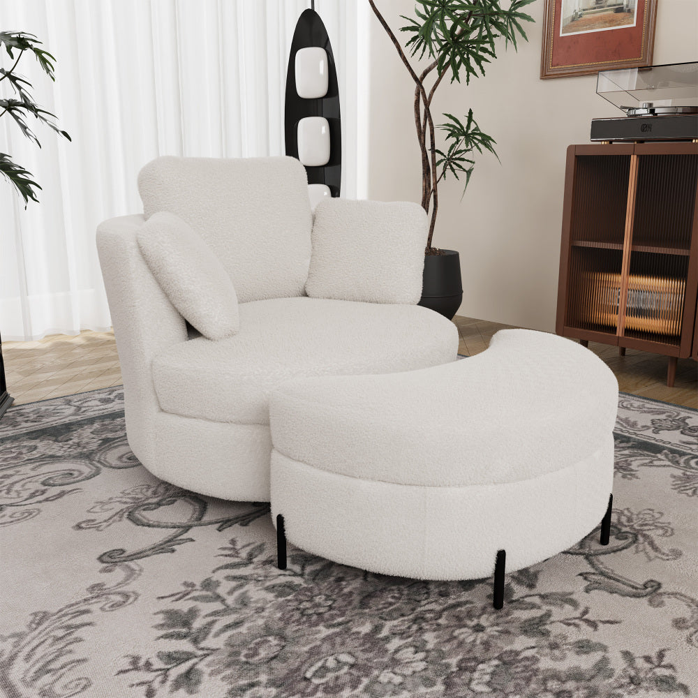 Moderner XXL-Sessel aus Ivory-Sherpa mit mondförmigem Stauraumhocker – bequemer Lesesessel mit 3 separaten Kissen für Wohnzimmer, Schlafzimmer und Arbeitszimmer