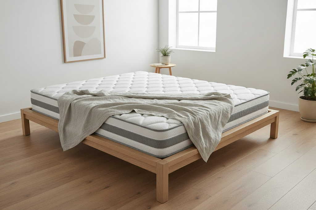 White mattress with gray border on a white background