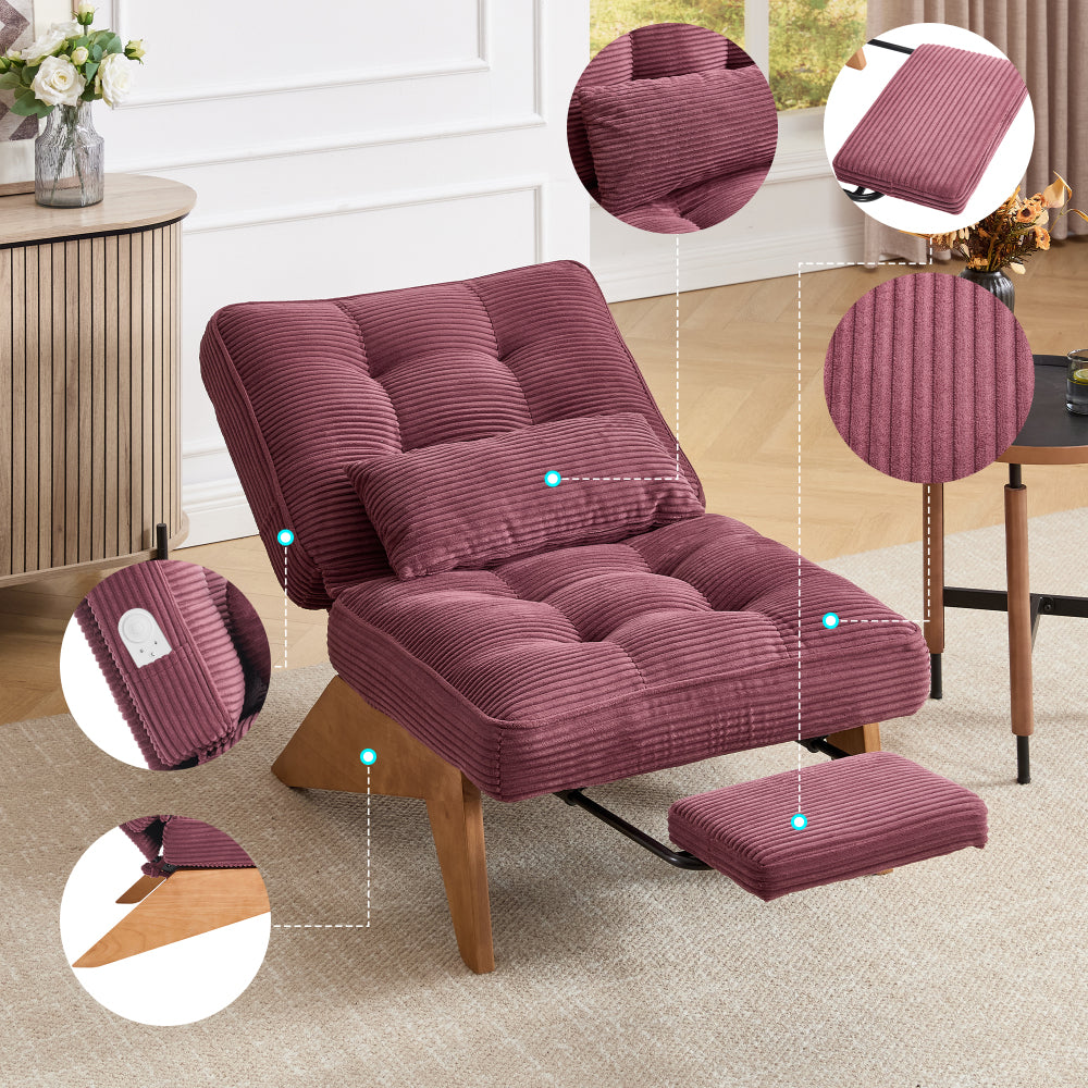 Verstellbarer Cord-Loungesessel mit Fußhocker und Lendenkissen – Komfortabler Relaxsessel für Wohnzimmer und Schlafzimmer, Beige