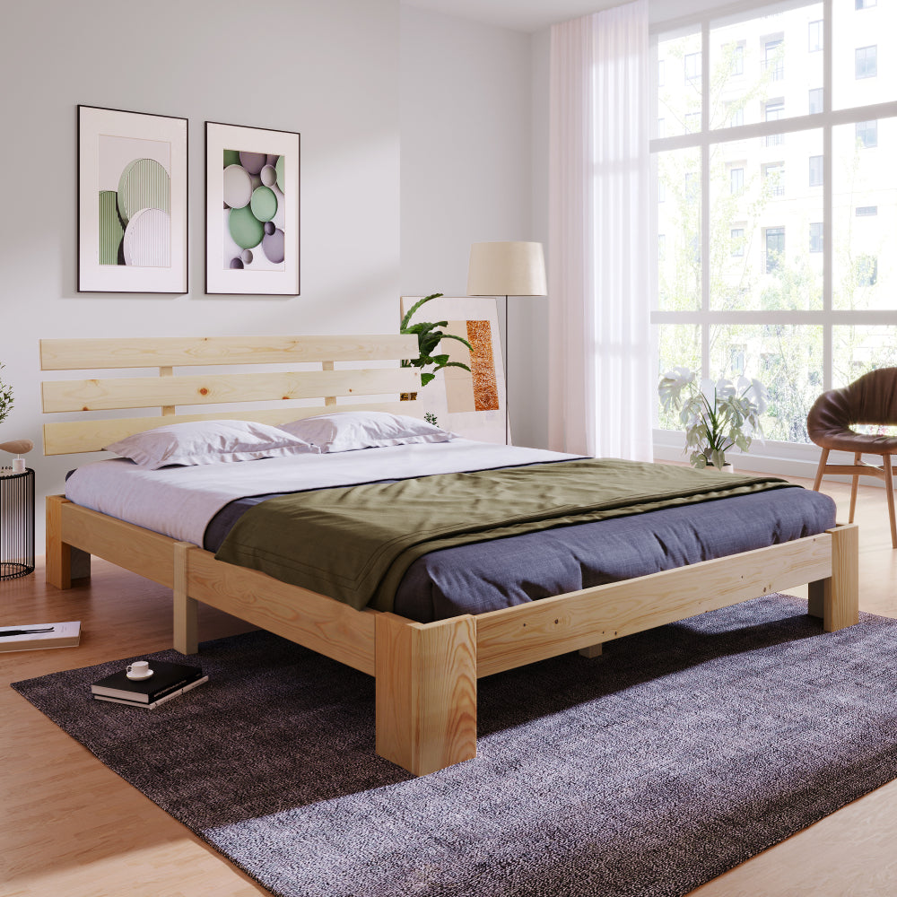 Doppelbett 140x200 cm aus Massivholz – Kieferbett mit Kopfteil und Lattenrost im natürlichen Design