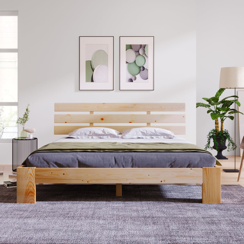 Doppelbett 140x200 cm aus Massivholz – Kieferbett mit Kopfteil und Lattenrost im natürlichen Design