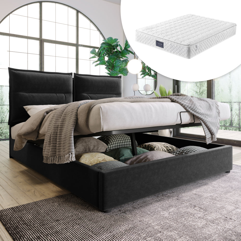 Hydraulisches Polsterbett 140x200 cm mit Matratze – Samtbett mit Bettkasten, verstellbarem Kopfteil und Metall-Lattenrost, Schwarz