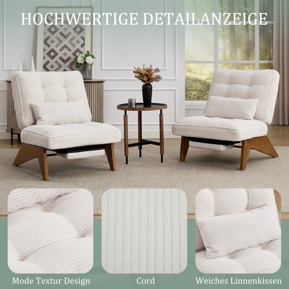 Verstellbarer Cord-Loungesessel mit Fußhocker und Lendenkissen – Komfortabler Relaxsessel für Wohnzimmer und Schlafzimmer, Beige