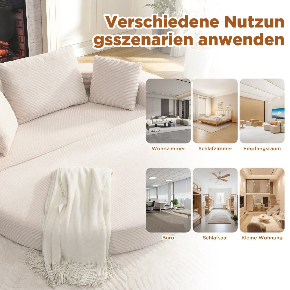 Multifunktionales Klappsofa mit Bettfunktion – Boneless Couch aus Cordstoff mit 3 Kissen, Ovales Schlafsofa 173 x 176 cm