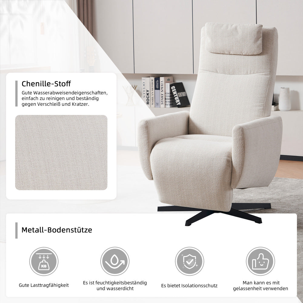 Drehbarer Relaxsessel aus Chenille mit Liegefunktion – Komfortabler Fernsehsessel mit Fußstütze, Beige