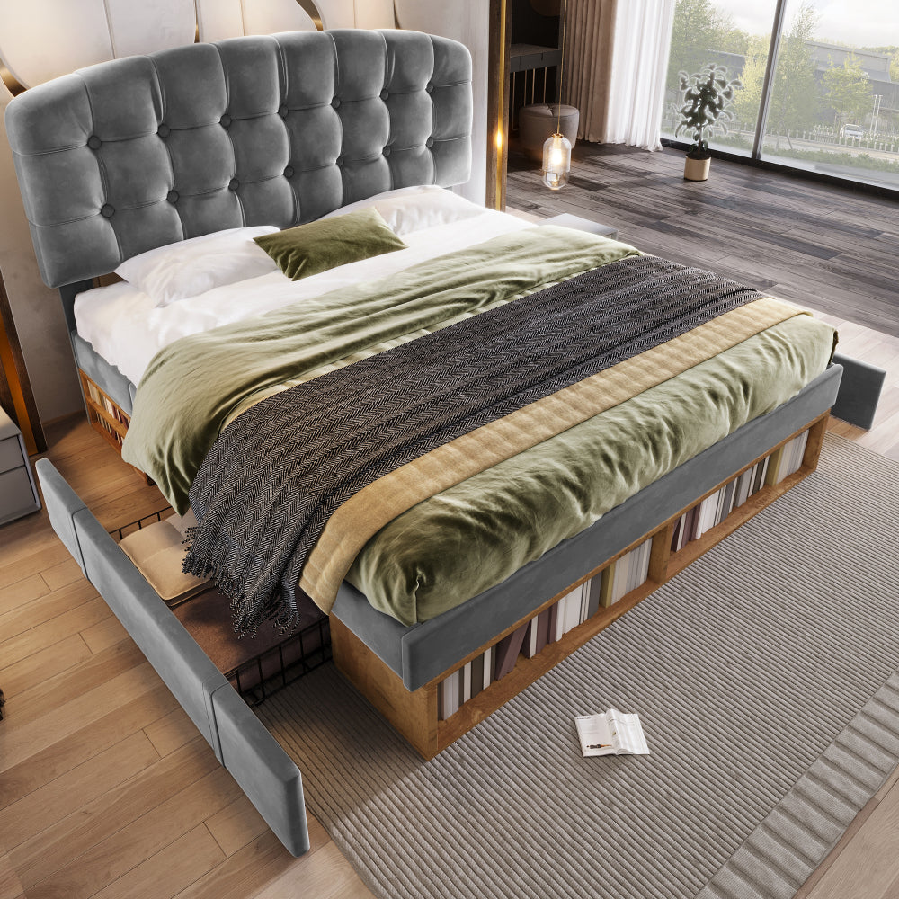 Polsterbett 140x190 cm mit Stauraum & Schubladen – Samtbett mit höhenverstellbarem Kopfteil und Lattenrost, Grau