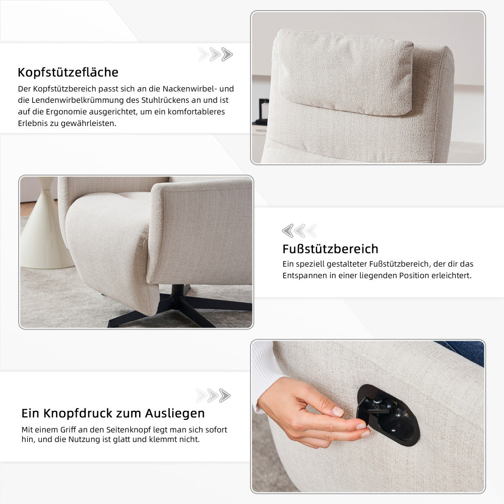 Drehbarer Relaxsessel aus Chenille mit Liegefunktion – Komfortabler Fernsehsessel mit Fußstütze, Beige