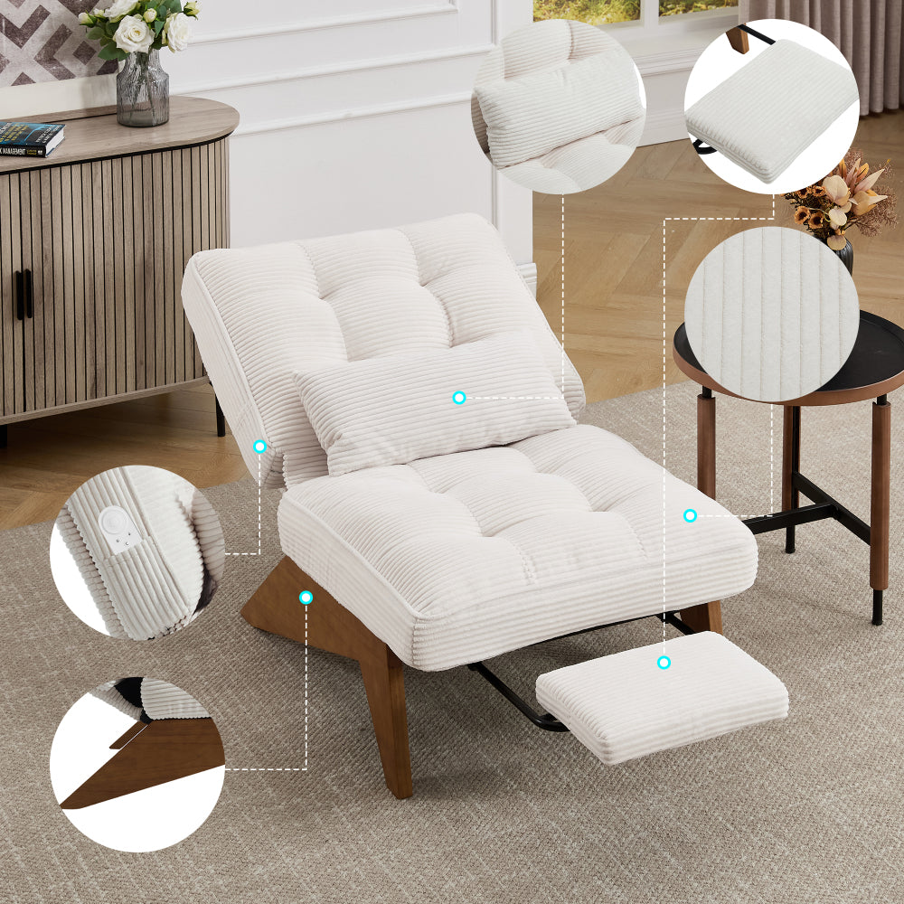 Verstellbarer Cord-Loungesessel mit Fußhocker und Lendenkissen – Komfortabler Relaxsessel für Wohnzimmer und Schlafzimmer, Beige