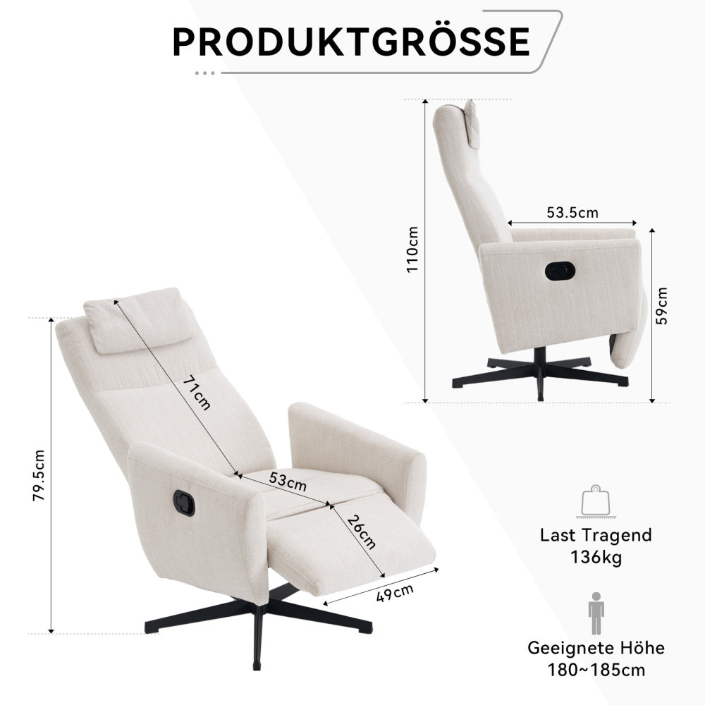Drehbarer Relaxsessel aus Chenille mit Liegefunktion – Komfortabler Fernsehsessel mit Fußstütze, Beige