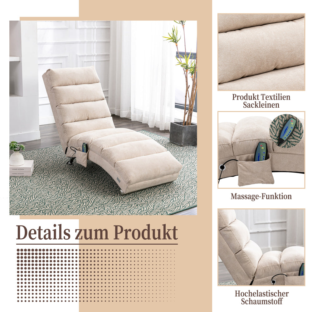 Massagesessel-Liege aus Leinen mit Vibrationsfunktion & Seitentasche – Ergonomische Relaxliege für Wohnzimmer, Schlafzimmer & Büro, Beige