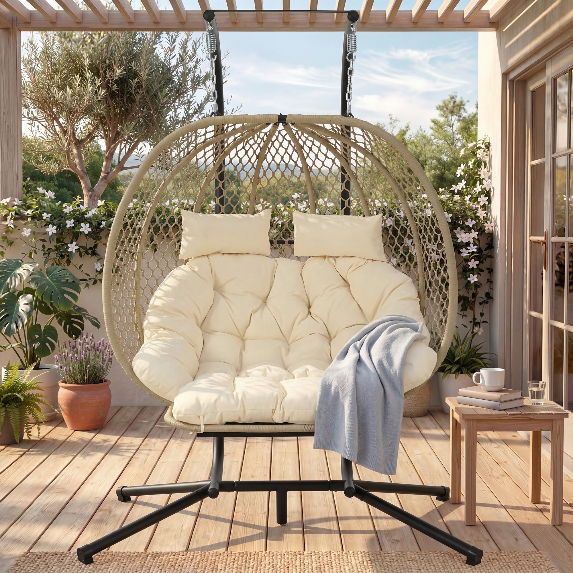 Hängesessel mit Gestell & Fußstütze – Eiförmiger Schaukelstuhl für Garten, Balkon & Wohnzimmer, Beige