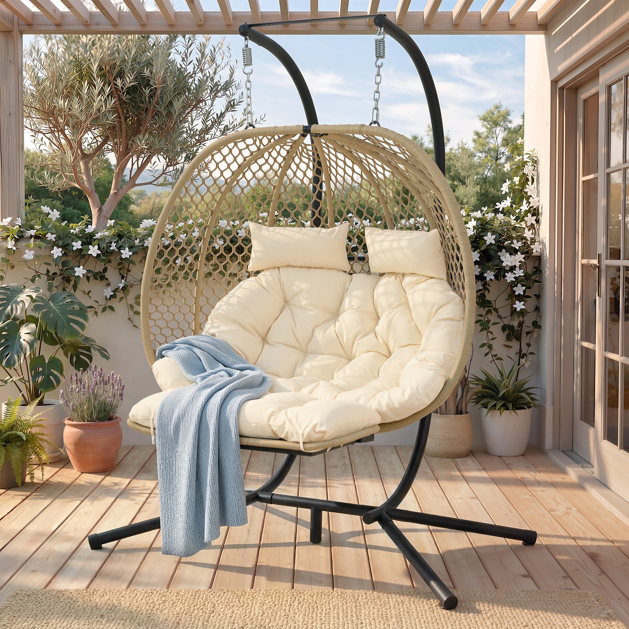 Hängesessel mit Gestell & Fußstütze – Eiförmiger Schaukelstuhl für Garten, Balkon & Wohnzimmer, Beige