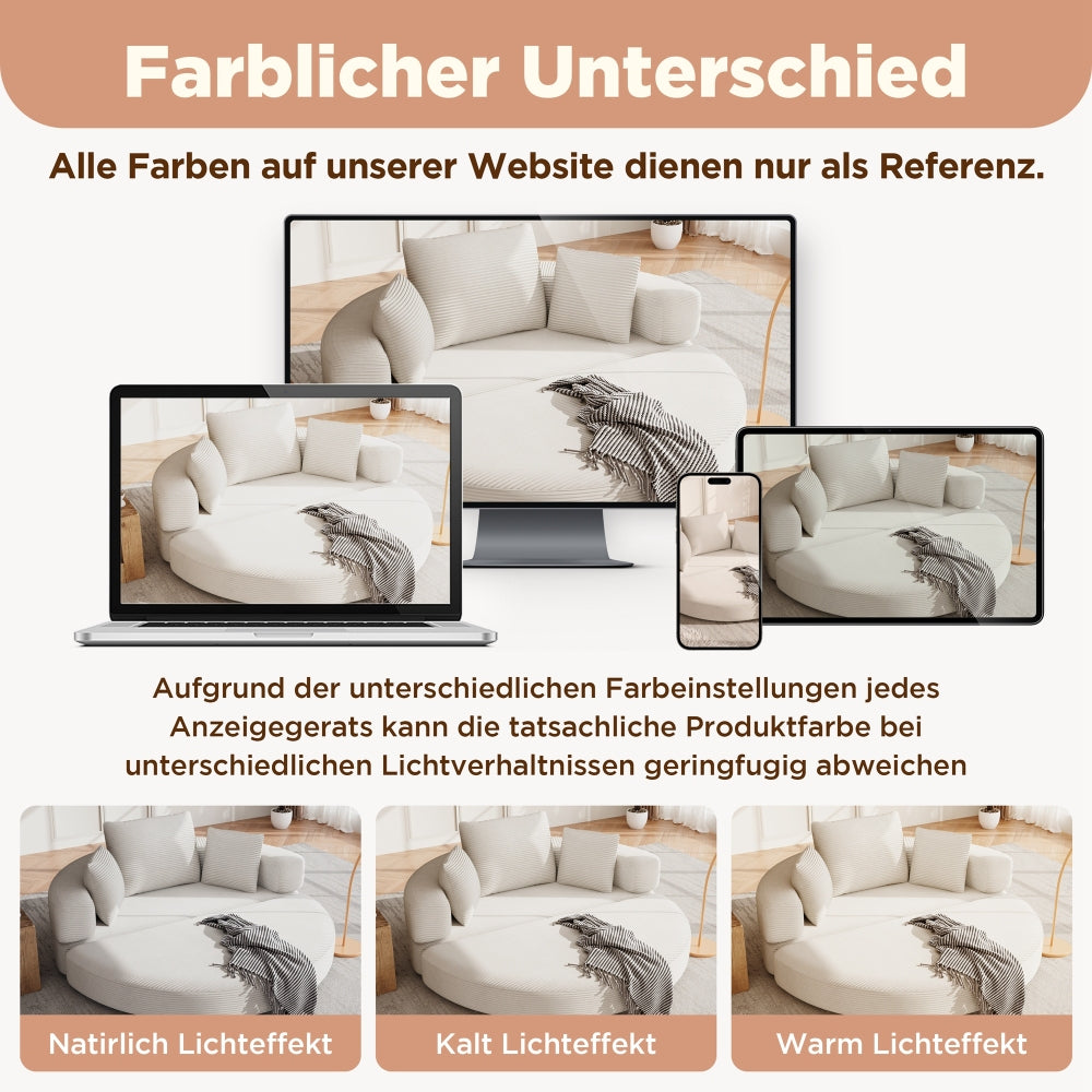 Multifunktionales Klappsofa mit Bettfunktion – Boneless Couch aus Cordstoff mit 3 Kissen, Ovales Schlafsofa 173 x 176 cm