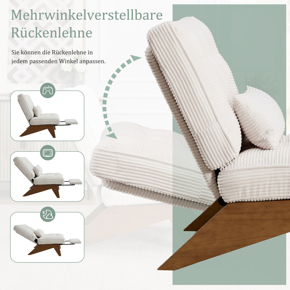Verstellbarer Cord-Loungesessel mit Fußhocker und Lendenkissen – Komfortabler Relaxsessel für Wohnzimmer und Schlafzimmer, Beige