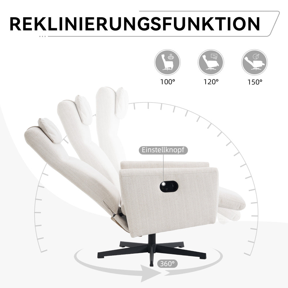 Drehbarer Relaxsessel aus Chenille mit Liegefunktion – Komfortabler Fernsehsessel mit Fußstütze, Beige