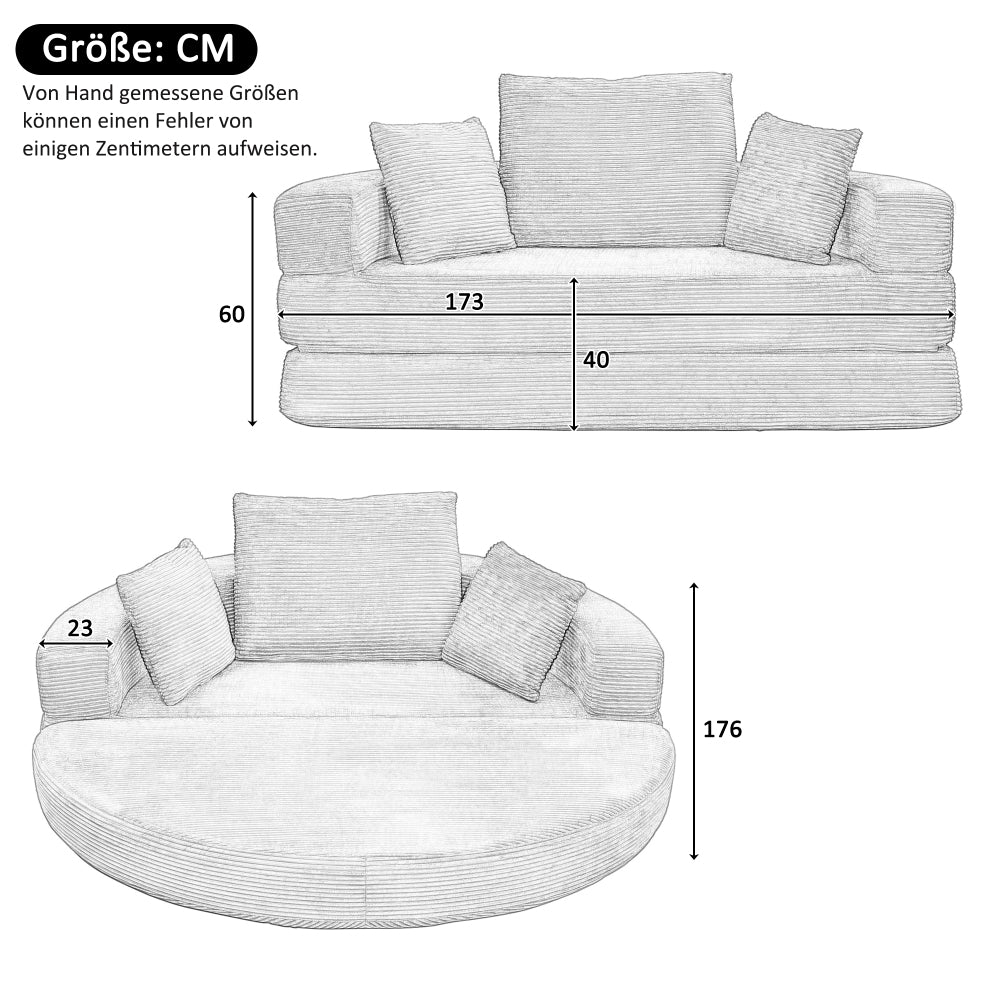 Multifunktionales Klappsofa mit Bettfunktion – Boneless Couch aus Cordstoff mit 3 Kissen, Ovales Schlafsofa 173 x 176 cm