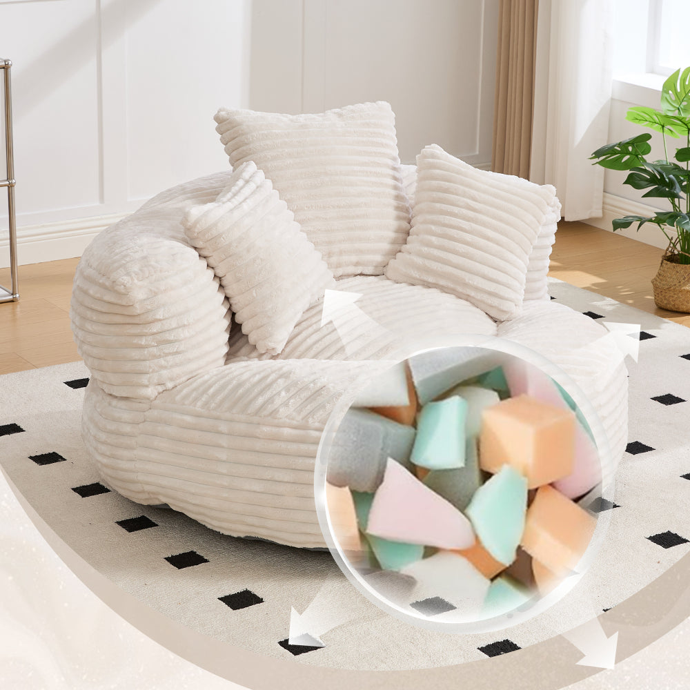 Chenille Sitzsack-Sessel mit hoher Rückenlehne und 3 Kissen – Komfortabler Gaming- und Relaxsessel für Wohnzimmer, Schlafzimmer und Büro, Beige