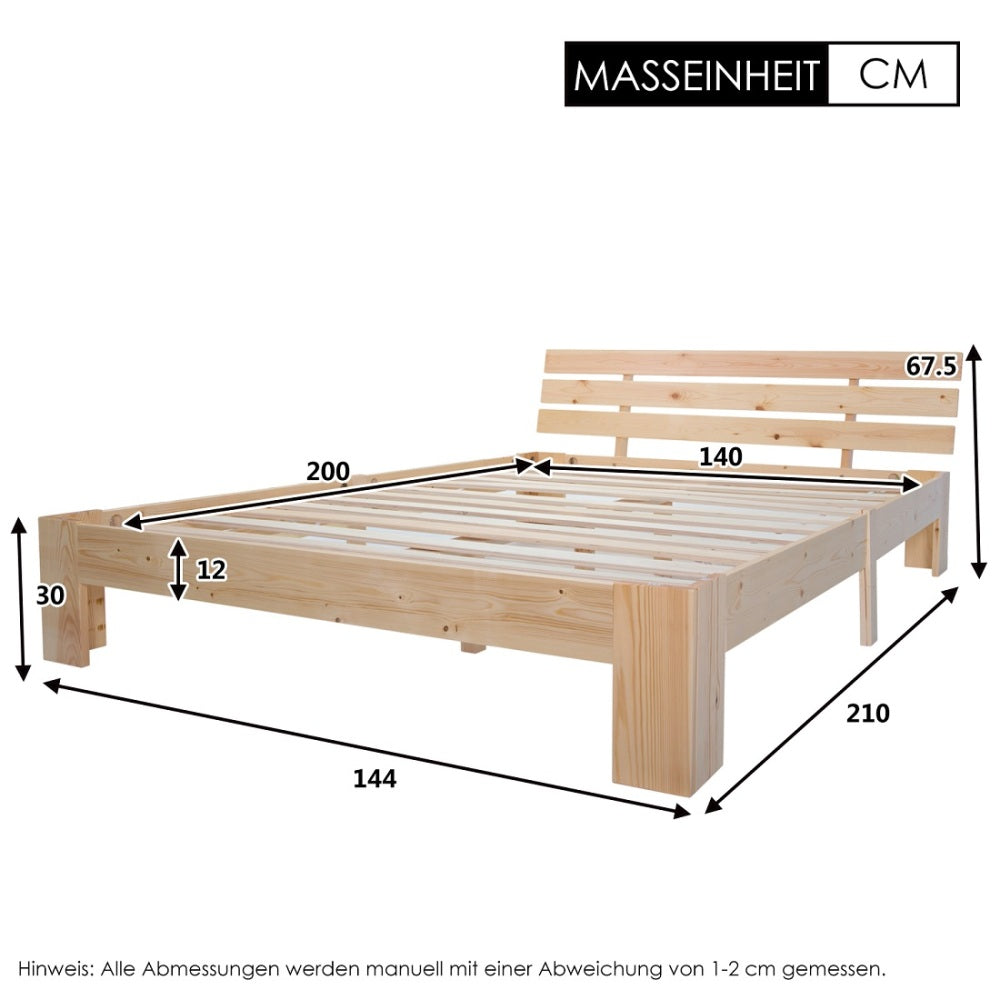 Doppelbett 140x200 cm aus Massivholz – Kieferbett mit Kopfteil und Lattenrost im natürlichen Design