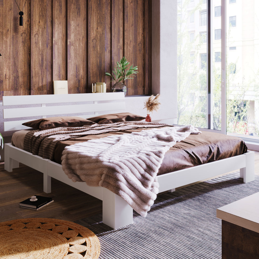 Doppelbett 140x200 cm aus Massivholz – Kieferbett mit Kopfteil und Lattenrost im natürlichen Design
