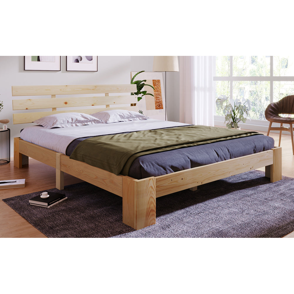 Doppelbett 140x200 cm aus Massivholz – Kieferbett mit Kopfteil und Lattenrost im natürlichen Design