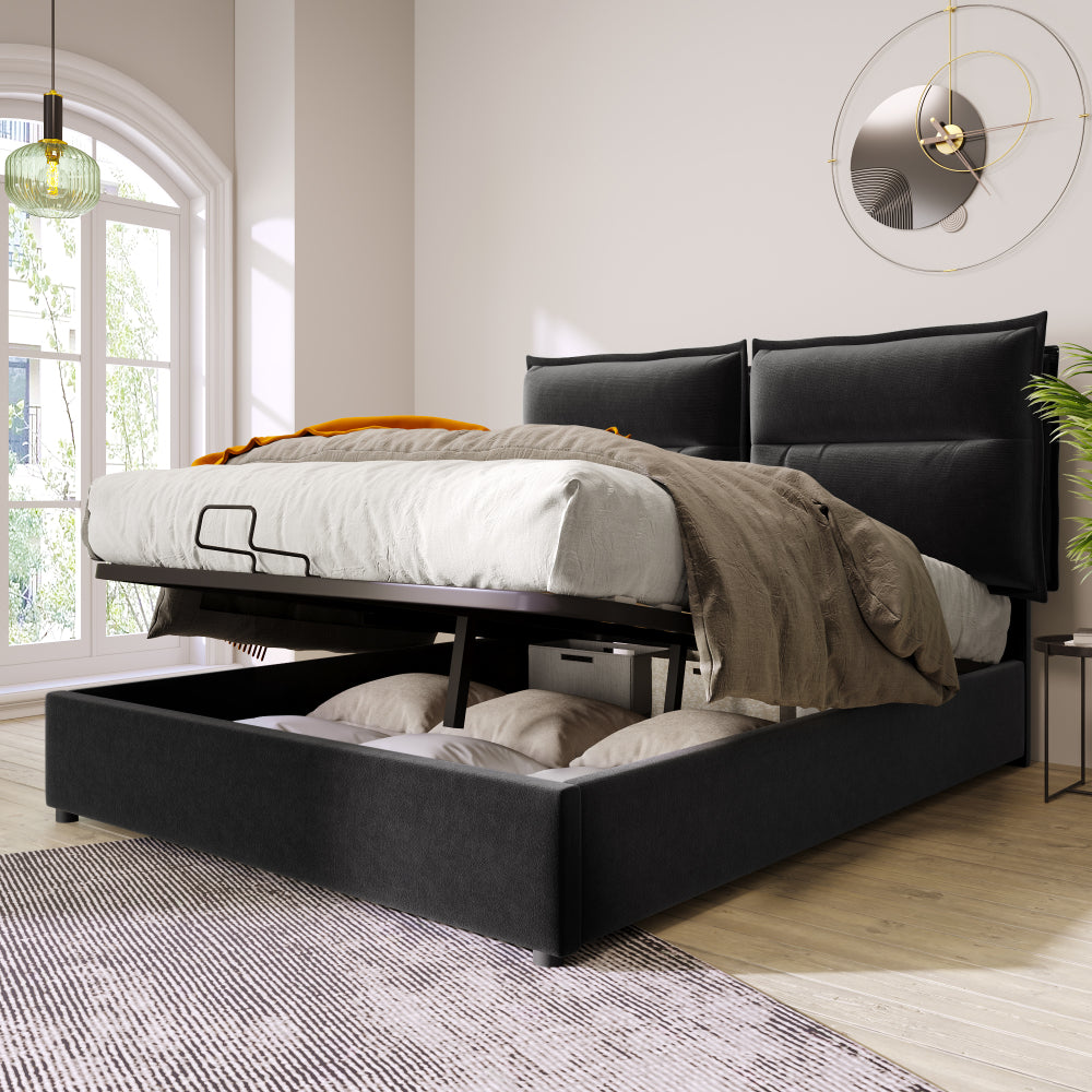 Hydraulisches Polsterbett 140x200 cm mit Matratze – Samtbett mit Bettkasten, verstellbarem Kopfteil und Metall-Lattenrost, Schwarz