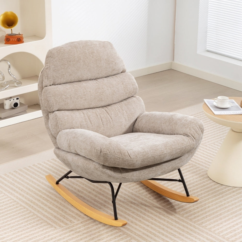 Gepolsterter Schaukelsessel mit Stahlgestell und Holzkufen – Komfortabler Relaxsessel, Cremeweiß
