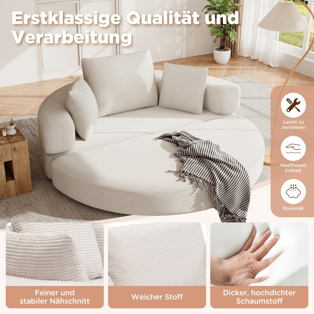 Multifunktionales Klappsofa mit Bettfunktion – Boneless Couch aus Cordstoff mit 3 Kissen, Ovales Schlafsofa 173 x 176 cm