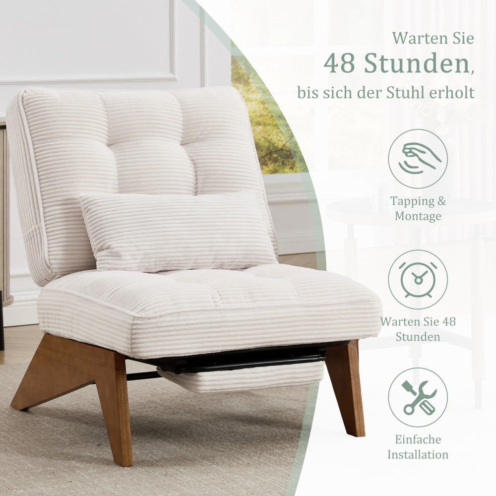 Verstellbarer Cord-Loungesessel mit Fußhocker und Lendenkissen – Komfortabler Relaxsessel für Wohnzimmer und Schlafzimmer, Beige