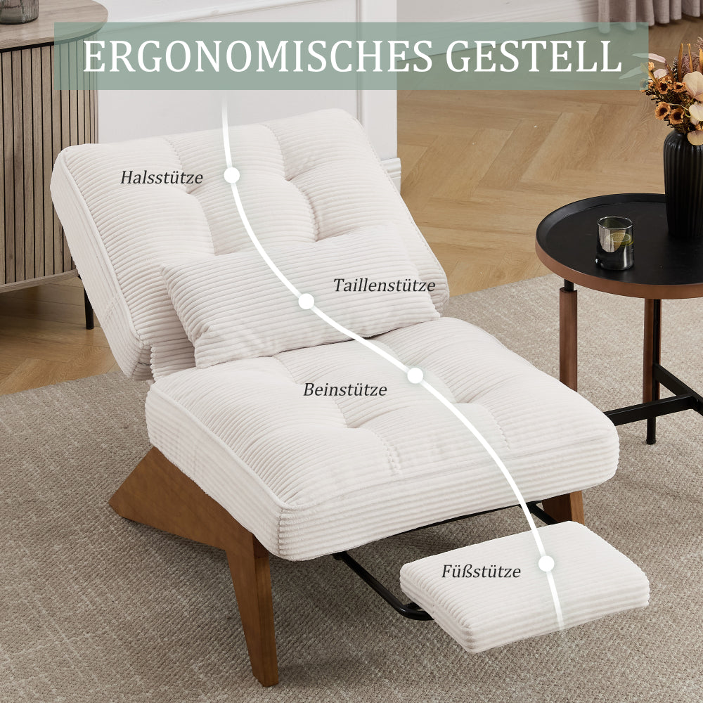 Verstellbarer Cord-Loungesessel mit Fußhocker und Lendenkissen – Komfortabler Relaxsessel für Wohnzimmer und Schlafzimmer, Beige
