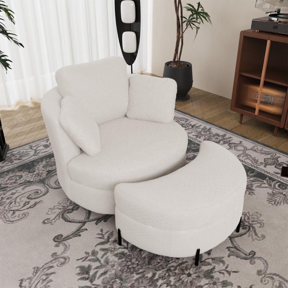 Moderner XXL-Sessel aus Ivory-Sherpa mit mondförmigem Stauraumhocker – bequemer Lesesessel mit 3 separaten Kissen für Wohnzimmer, Schlafzimmer und Arbeitszimmer