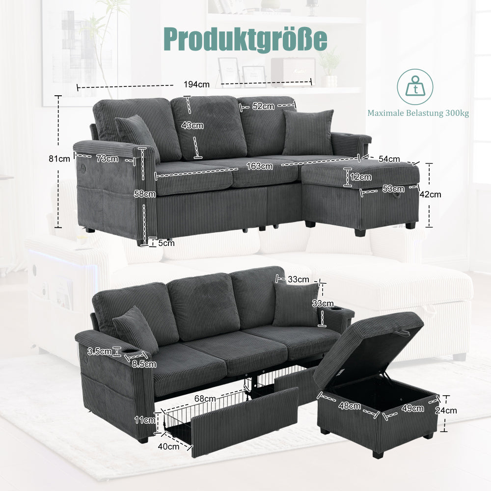 Modulares Ecksofa mit LED-Beleuchtung, USB-Anschluss & Stauraum – Flanell Sofa mit Schubladen und Massivholzgestell