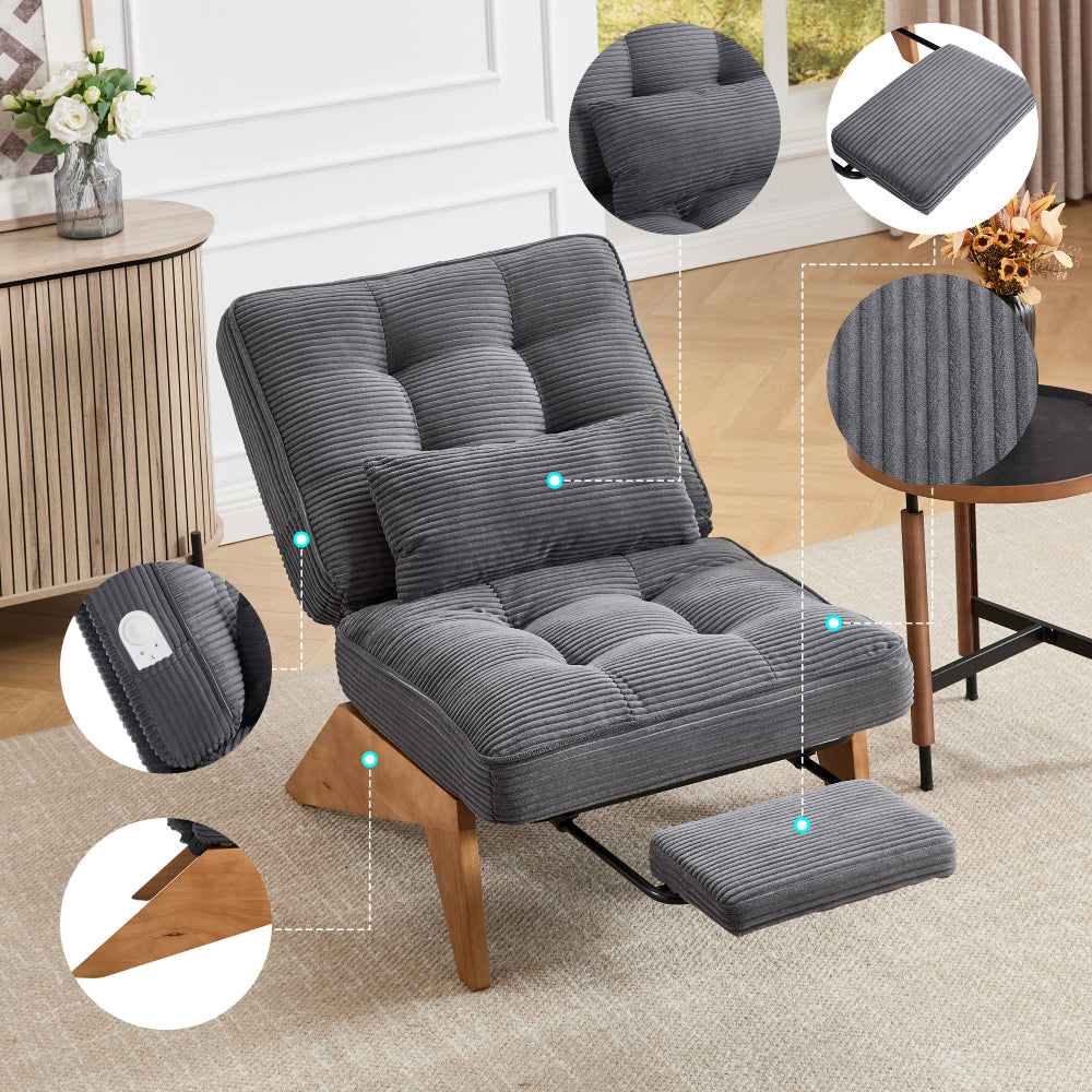 Verstellbarer Cord-Loungesessel mit Fußhocker und Lendenkissen – Komfortabler Relaxsessel für Wohnzimmer und Schlafzimmer, Beige