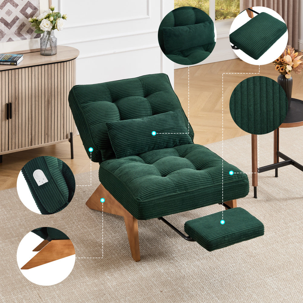 Verstellbarer Cord-Loungesessel mit Fußhocker und Lendenkissen – Komfortabler Relaxsessel für Wohnzimmer und Schlafzimmer, Beige