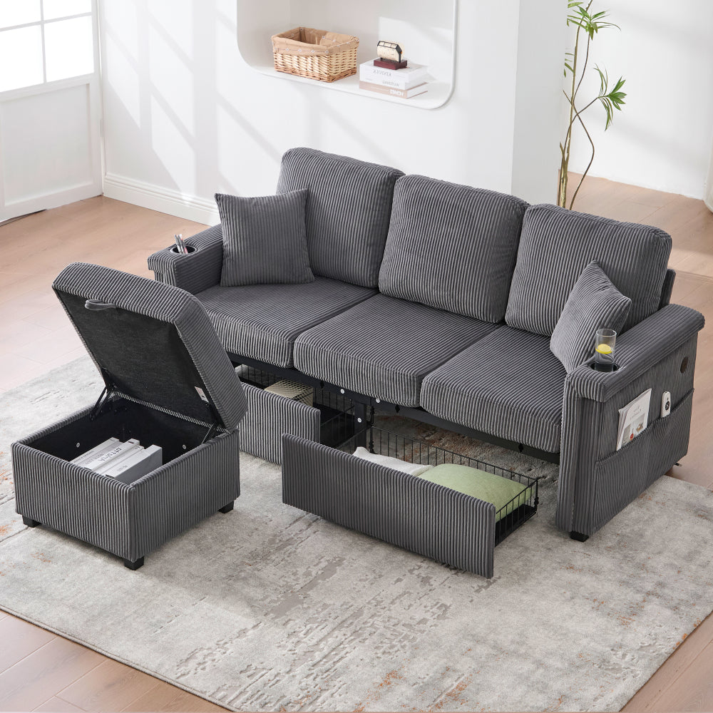 Modulares Ecksofa mit LED-Beleuchtung, USB-Anschluss & Stauraum – Flanell Sofa mit Schubladen und Massivholzgestell