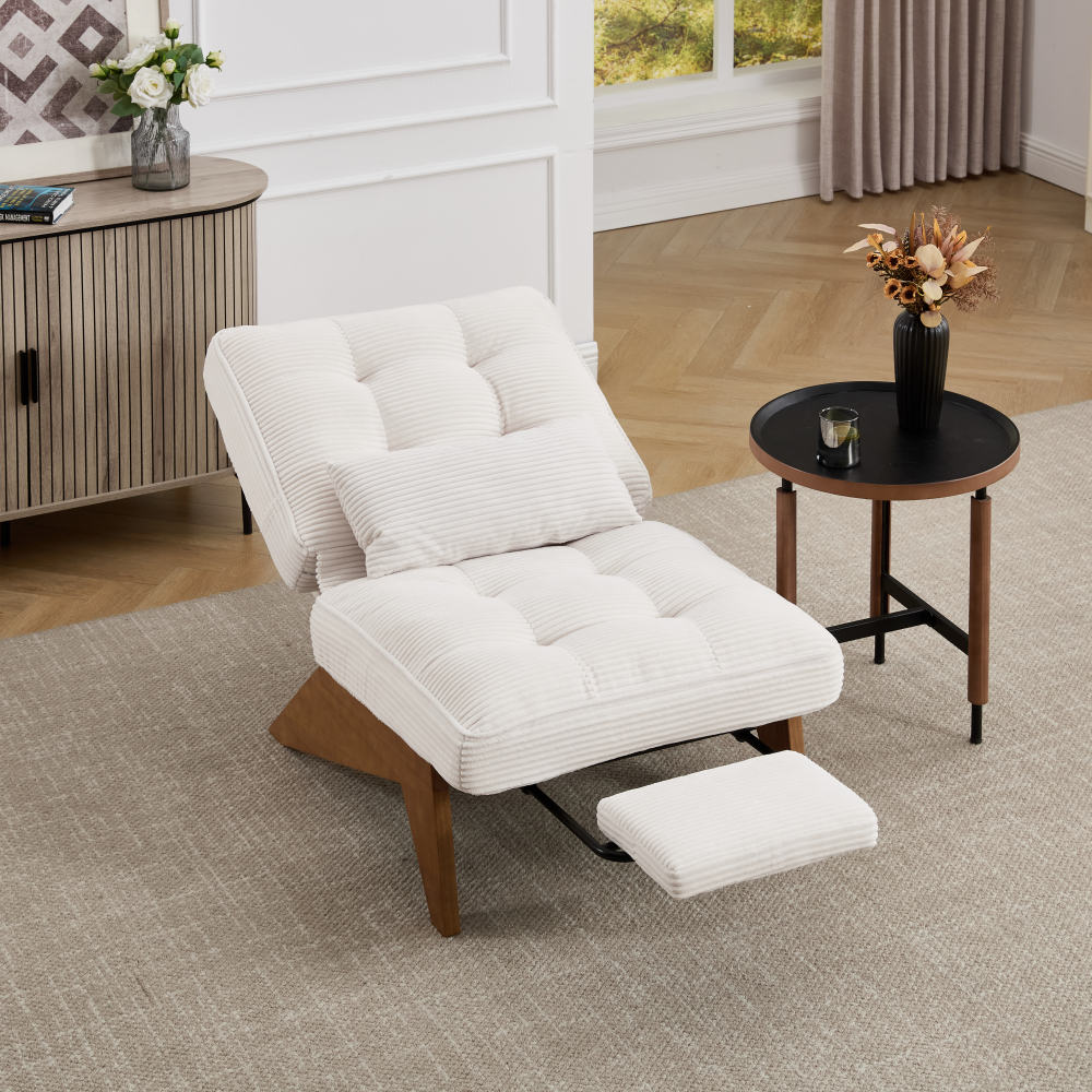 Verstellbarer Cord-Loungesessel mit Fußhocker und Lendenkissen – Komfortabler Relaxsessel für Wohnzimmer und Schlafzimmer, Beige