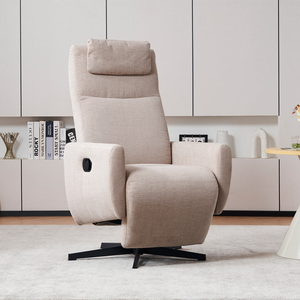 Drehbarer Relaxsessel aus Chenille mit Liegefunktion – Komfortabler Fernsehsessel mit Fußstütze, Beige