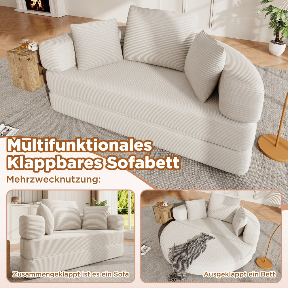 Multifunktionales Klappsofa mit Bettfunktion – Boneless Couch aus Cordstoff mit 3 Kissen, Ovales Schlafsofa 173 x 176 cm